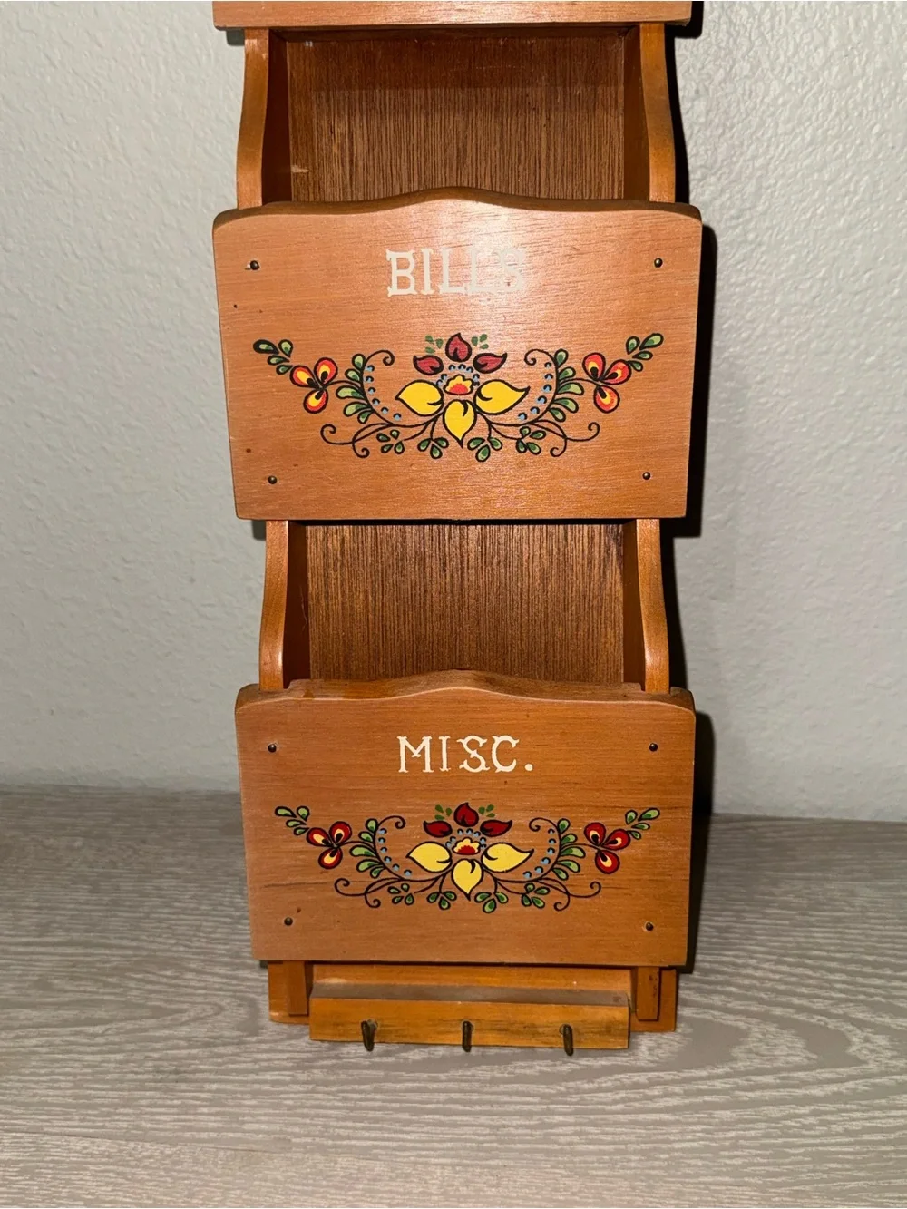vintage three-tier wooden wall mail organizer hand-painted floral, labeled